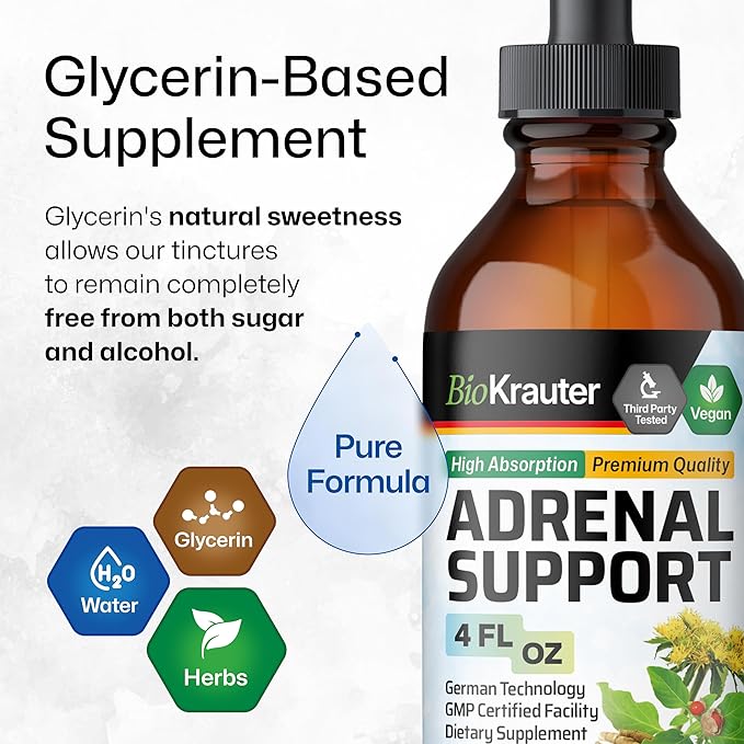 BIO KRAUTER Adrenal Support Tincture - Rhodiola & Ashwagandha Supplements - Vegan Mood Support Drops 4 Fl.Oz.