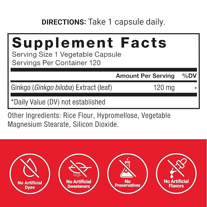 FORCE FACTOR Ginkgo Biloba 120mg, Brain Health Supplement for Adults, Maximum Strength Ginko Brain Support and Cognitive Supplement, Vegan, Non-GMO, 120 Capsules
