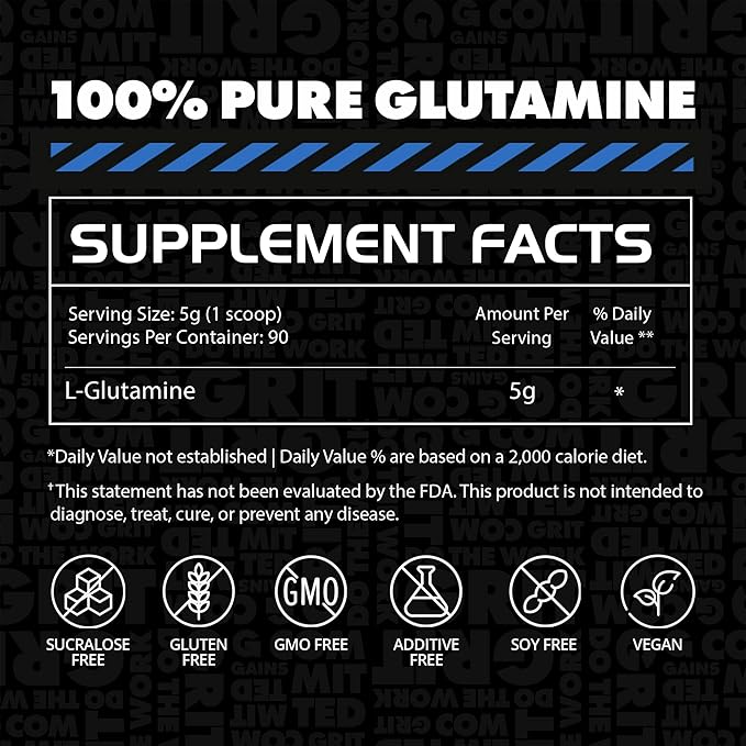 Gains in Bulk L-Glutamine, Gluten Free Glutamine Powder for Muscle Recovery and Growth, Post Workout Support, Amino Acid Supplement, Promotes Protein Synthesis, Non GMO, Unflavored, 90 Servings