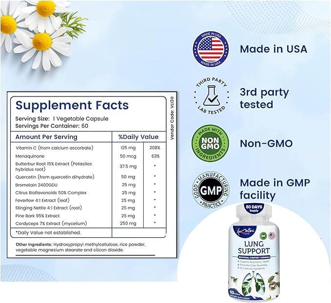 Lung Support Dietary Supplements Herbal Breathing Support 10 Active Ingredients Original Formula for Lung Health Lung Cleanse Formula Supplement for Bronchial System 60 Capsules Non GMO