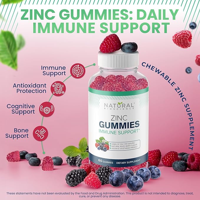 Zinc Gummies 50mg - High Potency Immune Support, Skin Health, Antioxidant, Daily Zinc Supplement for Adults, Vegan, Gluten-Free, Non-GMO, Chewable Zinc Citrate Gummies, 60 Gummies