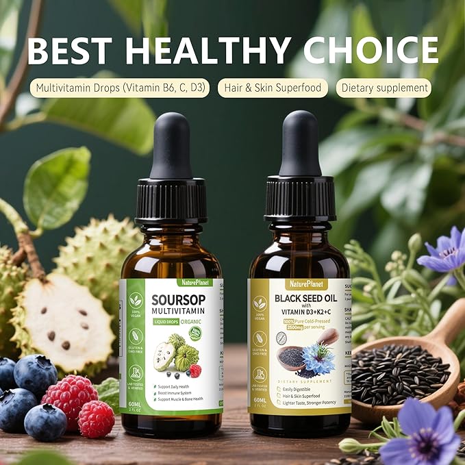 Organic Soursop Bitters and Black Seed Oil Drops Bundles with Vitamins D3, K2, B6, C | Vegan, Non-GMO, Gluten-Free