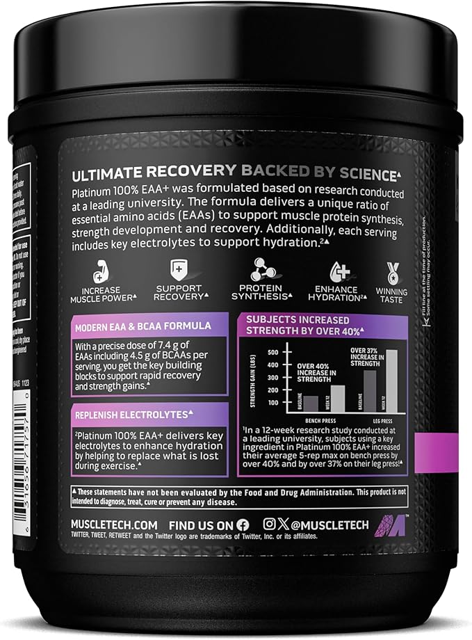 MuscleTech Platinum Essential Amino Acids Supplement with Electrolytes, Grape - Pre-Workout Powder for Energy, Muscle Growth & Strength Builder - EAA Complex for Men & Women - 30 Servings