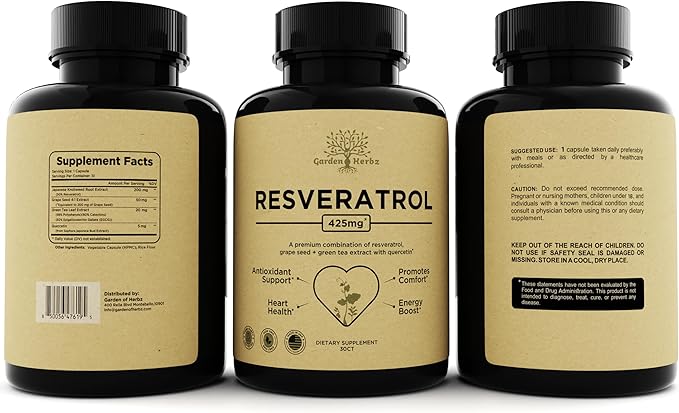 Quercetin & Resveratrol Supplement with Grape Seed – 425mg Herbal Antioxidant & Wellness Support – Polyphenols & Nutrient Blend for General Health, 30Ct