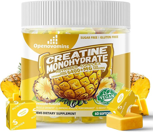 Creatine Monohydrate Soft Chews Complex 6400mg for Men & Women -Advanced Formula W/L-Taurine + Vitamin B12, Sugar Free Chewable Supplement,60 Pineapple Softchews