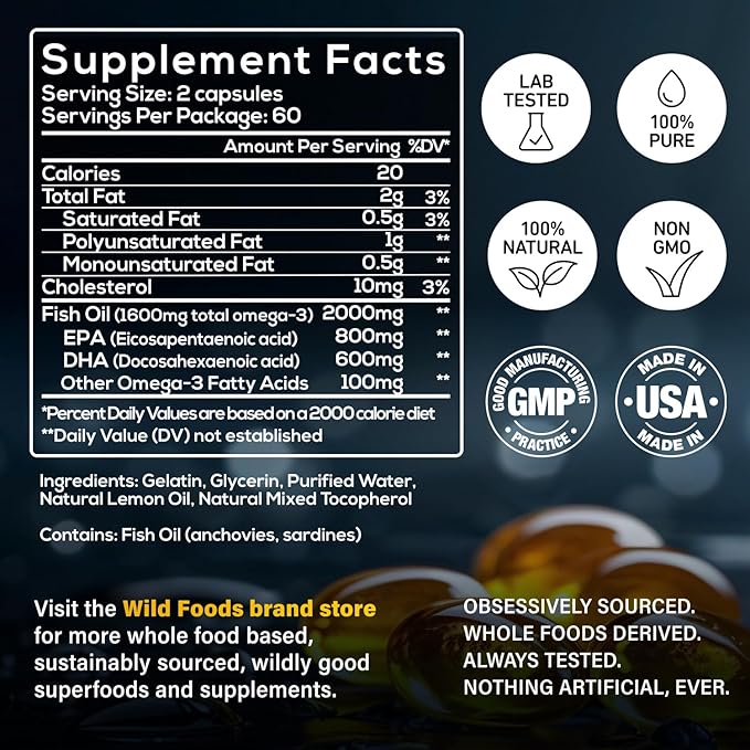 Wild Foods Omega 3 Fish Oil Supplement, 120 Capsules (2 pk) | Wild Caught, Burpless, Odorless, Non-GMO, Gluten Free | DPA, DHA, EPA Triple Strength Joint Nutrition for Women & Men