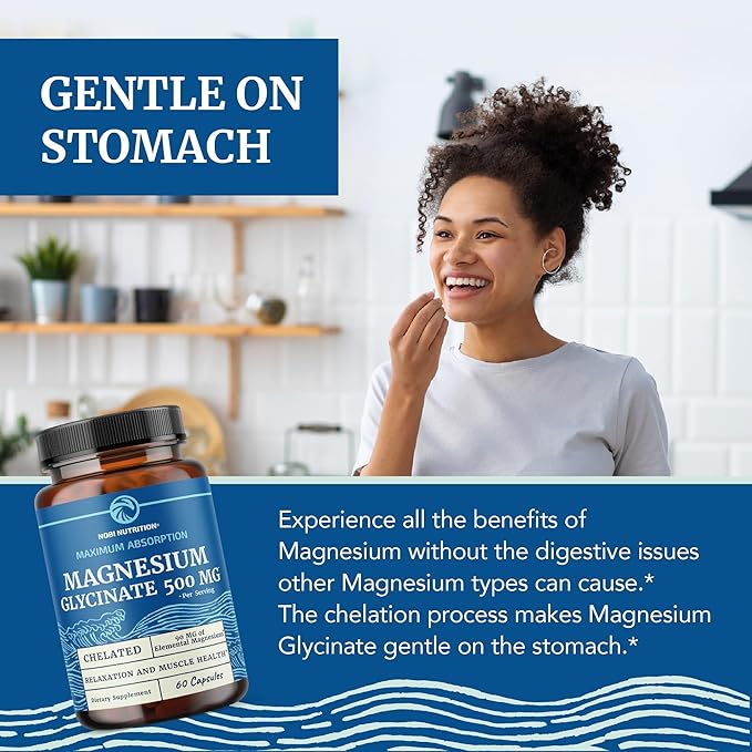 Magnesium Glycinate 500mg | Chelated for High Absorption | Muscle Relaxation, Bones, Heart, Nerve, Sleep & Calm Support for Women & Men | Magnesium Chelate Supplement & Bisglycinate Complex | 60ct