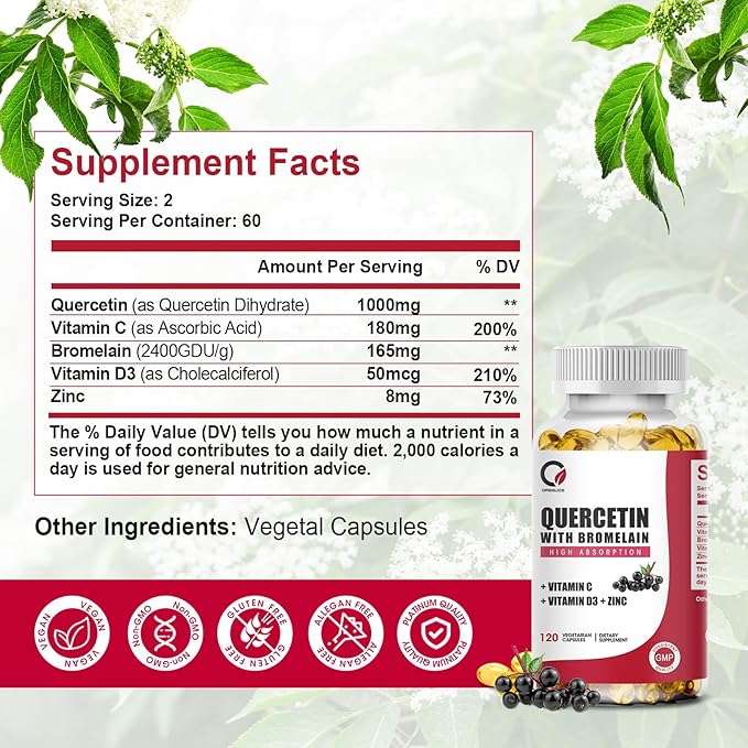 Quercetin 1000mg with Bromelain, Vitamin C & D3, Zinc, Bromelain Quercetin Supplements for Men & Women, Non-GMO & Gluten Free, 120 Capsules