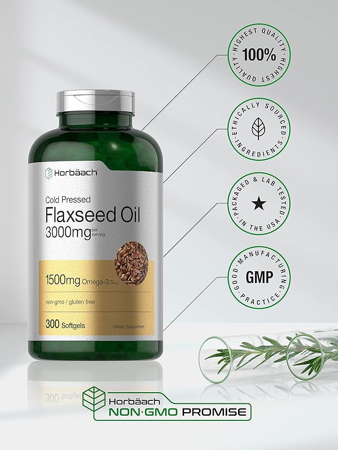 Horbäach Flax Seed Oil Softgels 3000mg | 300 Capsules | Cold Pressed | with Omega 3 6 9 | Alpha-Linolenic, Linoleic, and Oleic Acid | High Potency | Non-GMO & Gluten Free Supplement