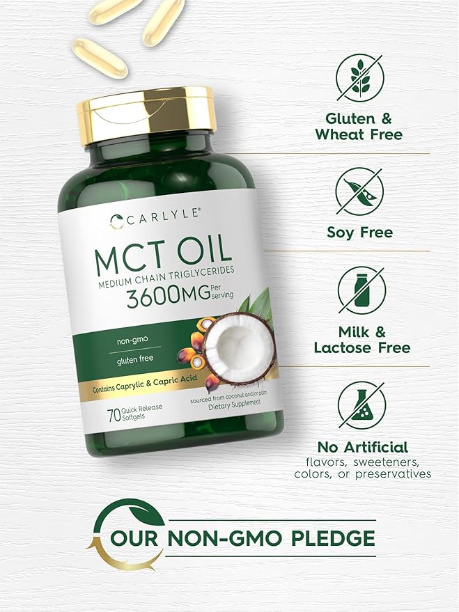 Carlyle MCT Oil Capsules | 3600mg | 70 Softgels | Keto Coconut Oil | with Caprylic & Capric Acid | Non-GMO and Gluten Free Supplement