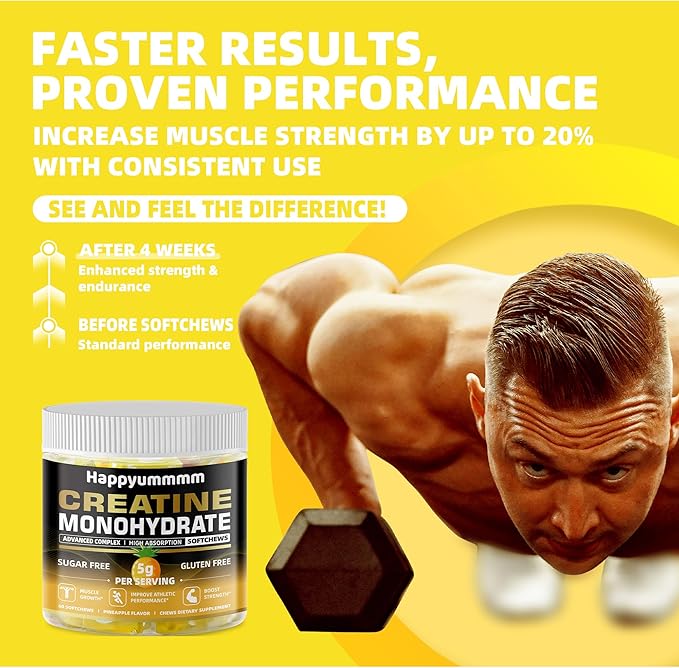 Creatine Monohydrate Soft Chews 5g for Men & Women, Preworkout Gummy with Electrolyte for Muscle Growth, Strength & Energy Support, Pineapple 60 pcs