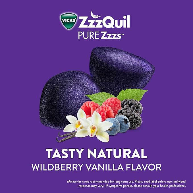 ZzzQuil PURE Zzzs Melatonin Gummies, Sleep Aid, Melatonin 2mg, with Chamomile & Lavender, Melatonin Sleep Gummies, Sleep Aids for Adults, Wildberry Vanilla Flavored, 24 Sleep Gummies