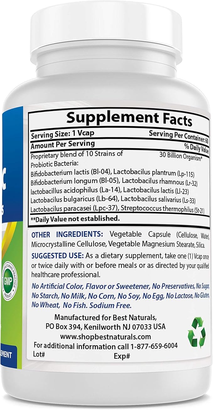 Best Naturals Probiotic 10 Strains & 30 Billion CFU Intestinal Flora, 60 Veggie Capsules (60 Count (Pack of 1))