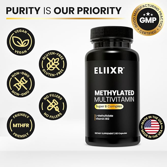 Eliixr Methylated Multivitamin Supplement for Men and Women with Active Methyl B12 and 5-MTHF Methylfolate 60 Vegetable Capsules Iron Free Made in The USA