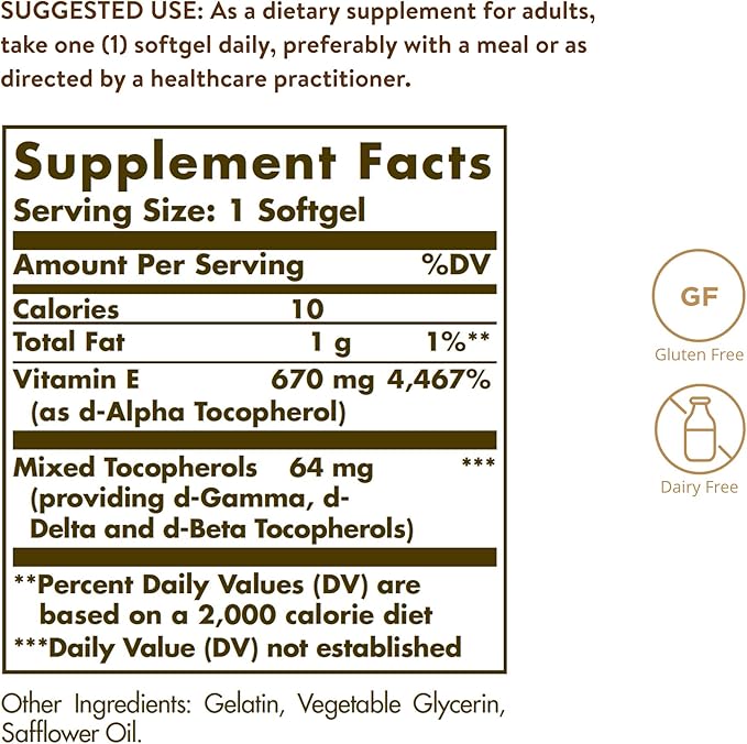 Solgar Vitamin E 670 mg (1000 IU), 100 Mixed Softgels - Natural Antioxidant, Skin & Immune System Support - Naturally-Sourced Vitamin E - Gluten Free, Dairy Free - 100 Servings