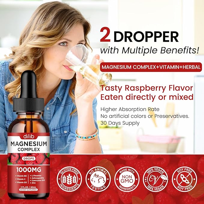 Triple Magnesium Complex Supplement, Magnesium Glycinate, threonate, Citrate Liquid Drops 1000mg with Ashwagandha, CoQ10, Vitamin B6, C, D, Zinc - Vegan Raspberry Flavor
