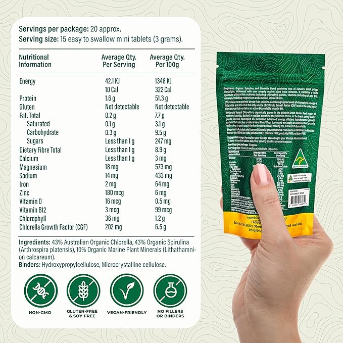 Organic Spirulina & Chlorella + Marine Plant Minerals, Australian | BioDynamic Cracked Cell Wall, Chlorophyll-Rich, Vitamins, Minerals |Vegan Tablets (200 mg) (300)