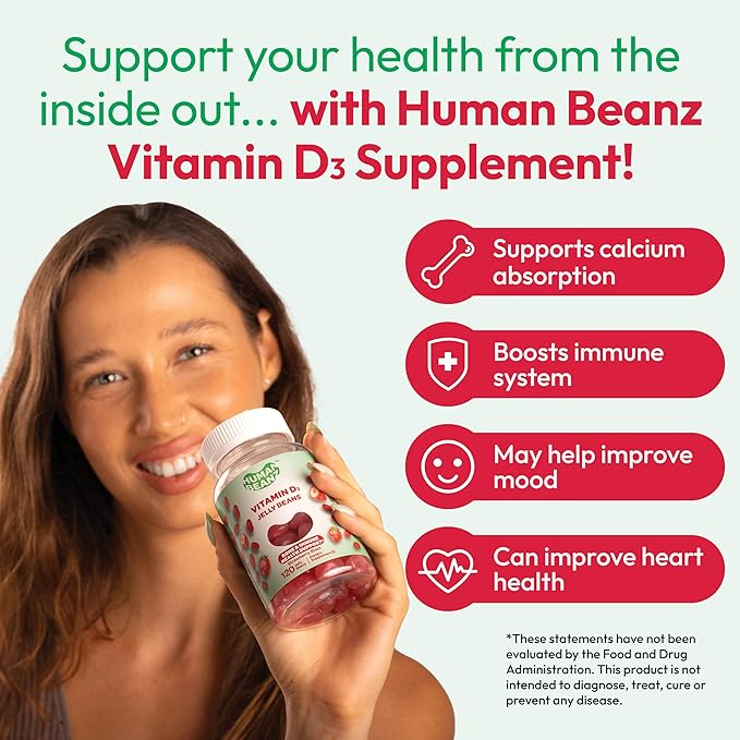 Vitamin D3 Jelly Bean Gummies for Adults, Immunity Support, 2000 IU Vitamin D, Nutritional Vegetarian Supplements, 120 Strawberry Blast Jelly Beans, Kosher