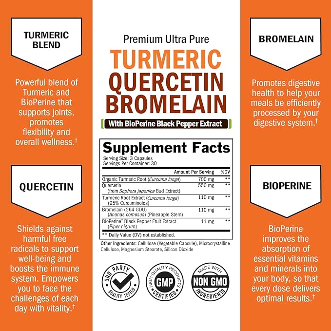 Turmeric Quercetin with Bromelain Supplement - Natural Extra Strength Immune and Joint Support with BioPerine Black Pepper for Max Absorption - Organic Tumeric Bromelain Supplement Vegan Safe, Non-GMO