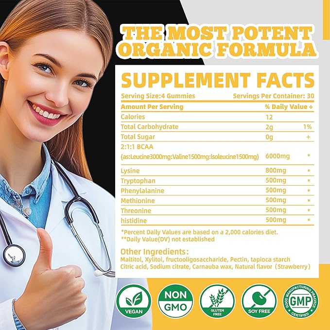 EAA Gummies 120 Gummies (Orange), Essential Amino Acids - All 9 Essential Aminos (EAA) and All Branched-Chain Aminos (BCAAs), Non-GMO, Gluten Free, Vegetarian Friendly