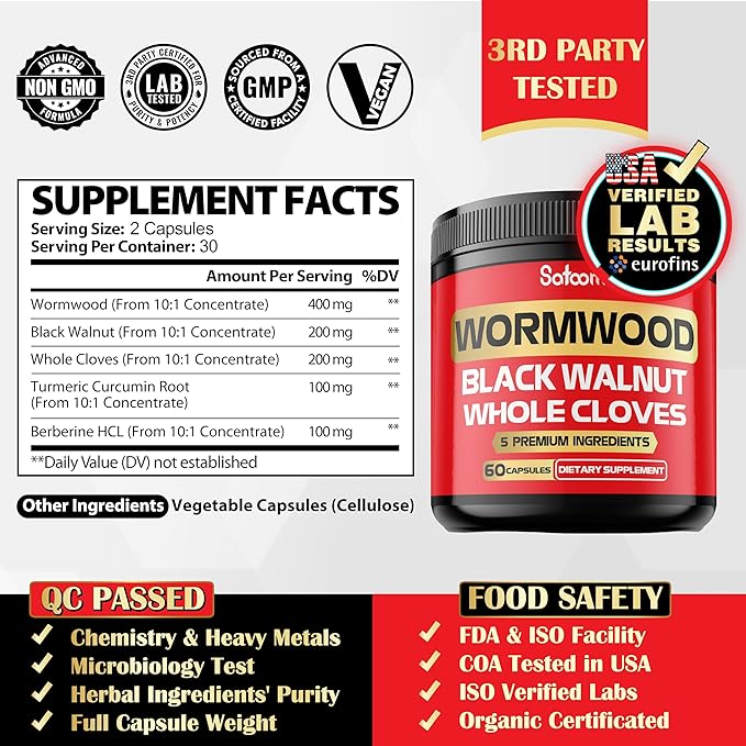 Satoomi 5 in 1 Wormwood Capsules Supplement - Extracted from Black Walnut, Whole Cloves, Turmeric and Berberine HCl - Immune System & Digestion Health - 60 Capsules