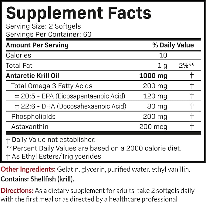 Futurebiotics Antarctic Krill Oil 1000mg with Omega-3s EPA, DHA, Astaxanthin and Phospholipids - Premium Krill Oil Heavy Metal Tested, Non GMO – 120 Softgels (60 Servings)