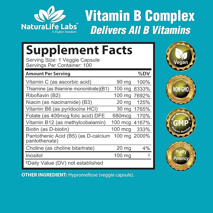 NaturaLife Labs Vitamin B Complex with Vitamin C and Folic Acid - B12, B1, B2, B3, Vitamin B5 Pantothenic Acid, B6, B7, B9 - Nervous System Support 100 Veggie Capsules