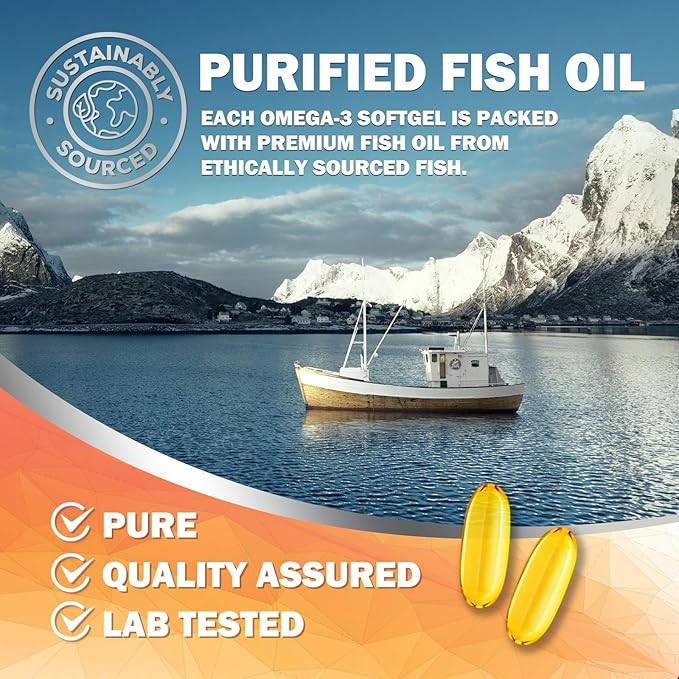 Triple Strength Omega 3 Fish Oil - 2400 mg Natural Omega-3 Supplements Support Brain, Heart & Joint Health with EPA & DHA Essential Fatty Acids - Lemon Flavor, Burpless, Wild Caught - 120 Softgels