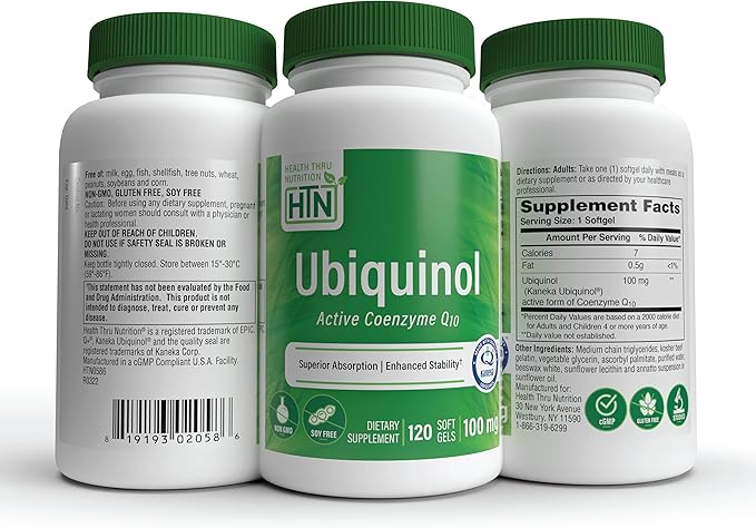 Health Thru Nutrition Ubiquinol 100mg 120 Softgels as Kaneka QH Reduced CoQ-10 | Stabilized - 3rd Party Tested | Enhanced Bioavailability | Cardiovascular & Mitochondria Function Support | Non-GMO