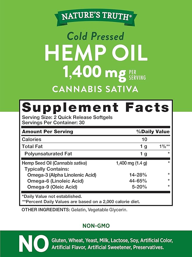 Nature's Truth Hemp Oil | 60 Softgels | 1400mg | Non-GMO & Gluten Free Supplement | Cold Pressed from Hemp Seeds