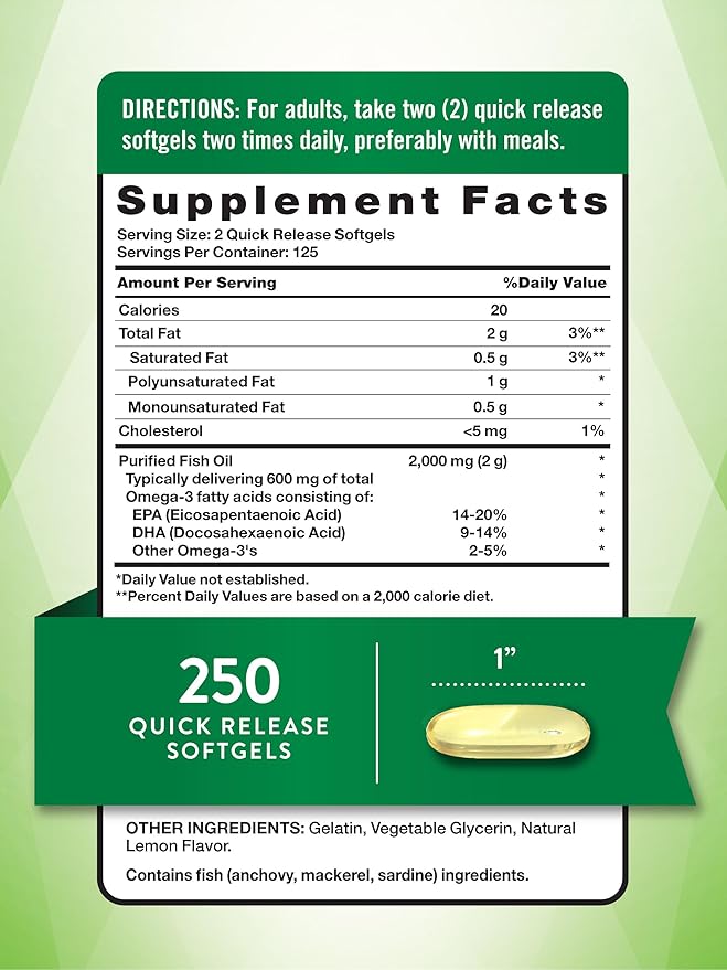 Nature's Truth Fish Oil 2000 mg | 600 mg Omega 3 | 250 Softgels | Natural Lemon Flavor | Non-GMO and Gluten Free Supplement