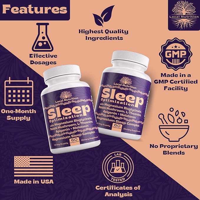 Natural Sleep Aid with Magnesium Glycinate 500mg Reishi Mushroom 350mg L-Theanine 300mg Apigenin 50mg Melatonin 3mg - Magnesium Sleep Supplement for Deep Sleep, Sleep Support - 60 Capsules Made in USA