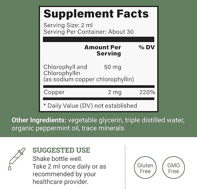 Liquid Chlorophyll, Liquid Drops for Immune System Support, Natural Internal Deodorant - Vegan Chlorophyll Drops with Organic Glycerin - Clorofila Liquida, Chlorophyllin Detox Cleanse (1 mL)