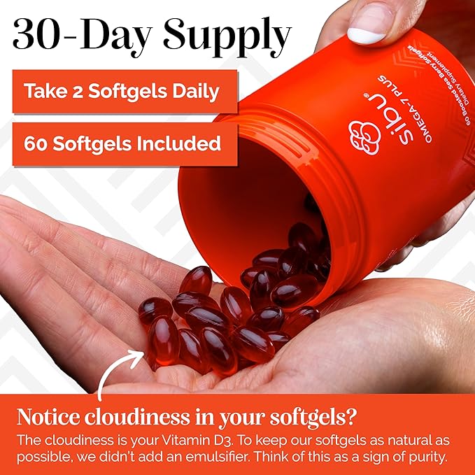 sibu Omega-7 Plus Softgels (60ct, 30 Day Supply) – Blend of Sea Buckthorn Oil and Plant-Based Vitamin D3 & Omega-3 DHA