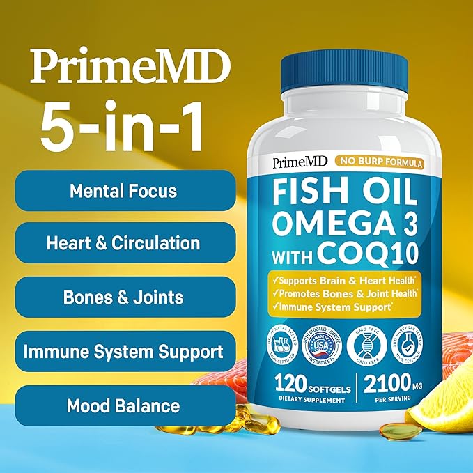5-in-1 Fish Oil Omega 3 Fatty Supplements (2100mg) - Omega 3 Fish Oil with Vitamins D3 K2 and CoQ10 - Lemon Flavored (120 softgels, Pack of 4)