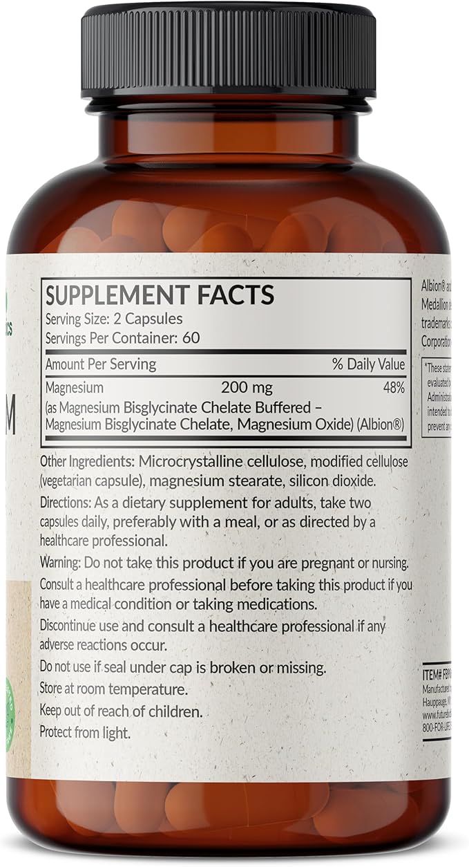 Futurebiotics Magnesium Glycinate 200 MG per Serving Chelated for High Absorption, Gentle On Stomach, Non-GMO, 120 Vegetarian Capsules