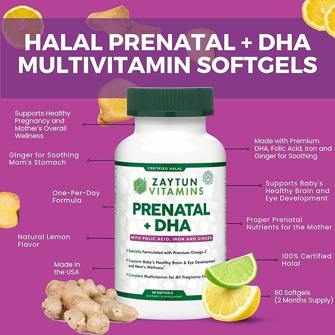 Halal Prenatal Vitamins + DHA, Folic Acid Iron, Ginger for Soothing, One Daily, for All Pregnancy Stages, Gluten Free, Non-GMO, 60 Softgels, 2 Months Supply, USA Made, Halal Vitamins