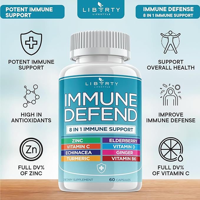 8 in 1 Immune Defense Support, Immunity Vitamins Supplement Booster with Zinc 50mg, Vitamin C Elderberry VIT D3 5000 IU, Turmeric Curcumin & Ginger, Echinacea - Allergy Relief for Kids Adults