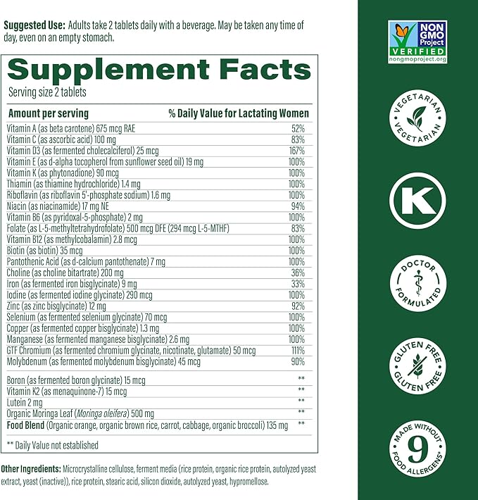 MegaFood Baby & Me 2 Postnatal Vitamins for Women Breastfeeding with Folate (Folic Acid Natural Form), Choline, Iodine, Vitamin D, Moringa Leaf and More - 120 Tabs (60 Servings)