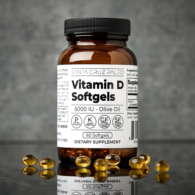 Santa Cruz Paleo Vitamin D Supplement, Bone Health & Immune Support, 5000 i.u. Per Softgel, Gluten Free, Keto, Sugar Free, Paleo, Vitamin D3, Olive Oil for Absorption, Natural Ingredients, 60 Softgels