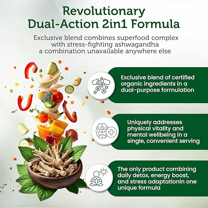 Organic Superfood Greens Fruits and Veggies Complex with Ashwagandha