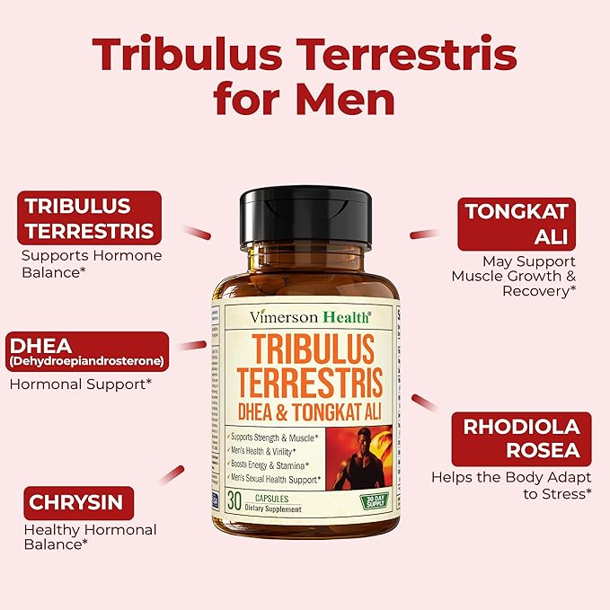 Tribulus Terrestris for Men with DHEA, Tongkat Ali, and Zinc – Testosterone Supplement for Men with Vitamin B6, Rhodiola Rosea – Libido Support, Muscle Builder, Male Enhancing Supplement - 30 Capsules