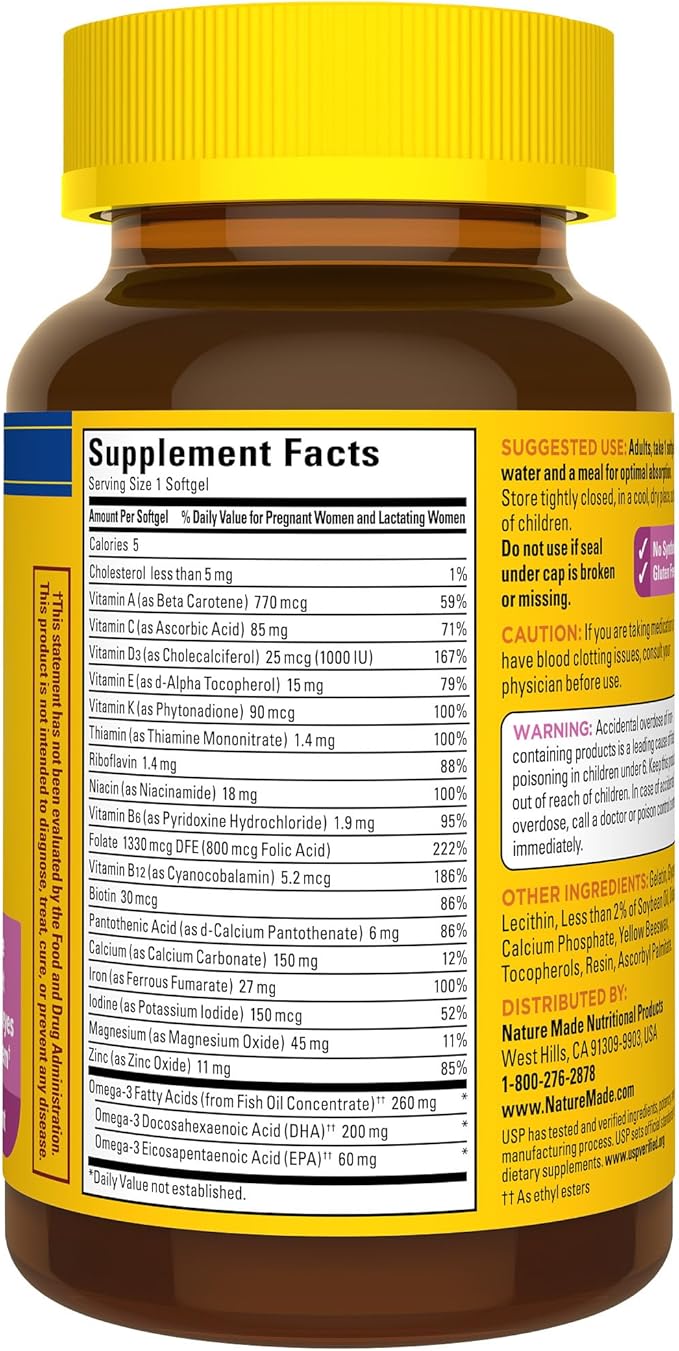 Nature Made Prenatal with Folic Acid + DHA, Prenatal Vitamin and Mineral Supplement for Daily Nutritional Support, 60 Softgels, 60 Day Supply