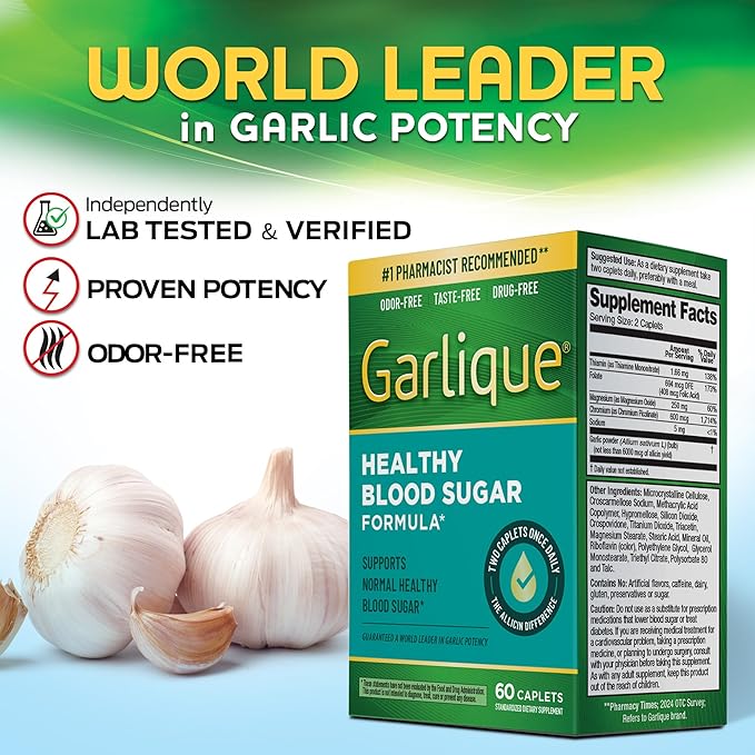 Garlique Garlic Extract Supplement, Healthy Blood Sugar Formula, 6000 mcg allicin, Odorless & Vegan, 60 Caplets