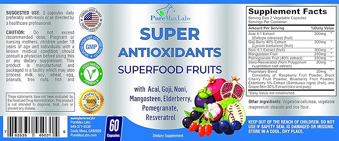 Super Antioxidant Fruit Superfood Complex - Powerful Antioxidant Superfruits, Acai, Goji, Noni, Mangosteen, Pomegranate, Elderberry, Resveratrol, Immune Support, Skin Care - 60 Capsules