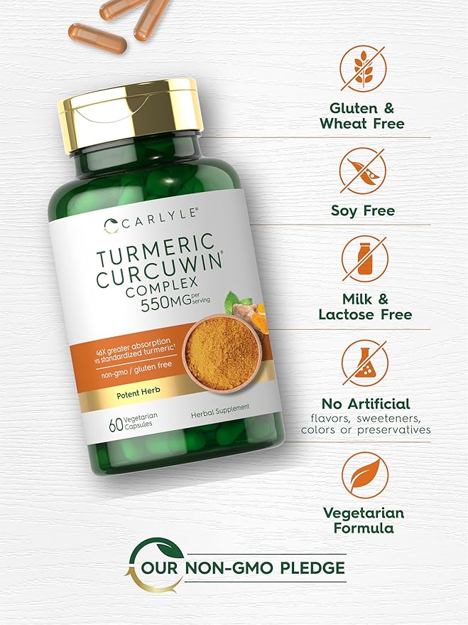 Carlyle Turmeric Supplement 550mg | 60 Capsules | CurcuWin Extract Complex | Vegetarian, Non-GMO, Gluten Free