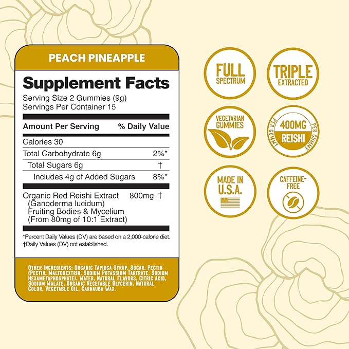 Troomy Reishi Calm Gummies Natural Pineapple Peach Flavor, Gelatin-Free, Gluten-Free, and Vegetarian - 30 Count