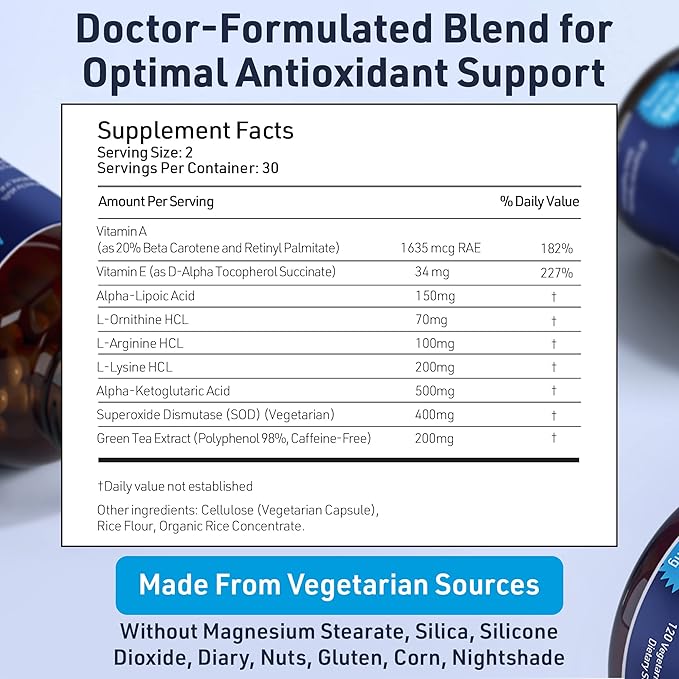 SOD Antioxidants Complex Healthy Aging Supplement - 400mg of Superoxide Dismutase - Alpha Lipoic Acid - L-Arginine -Lysine - AKG - Vitamin A - Vitamin E for Immune Support-60 Capsules