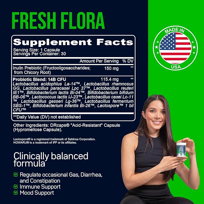 Fresh Flora - Probiotics & Prebiotics For Women and Men - 15 Billion CFU - Lactobacillus Lactospore - Howaru Strengthens Immunity - Digestive & Gut Health - Gas & Bloating Relief - 30 Veggie Capsules
