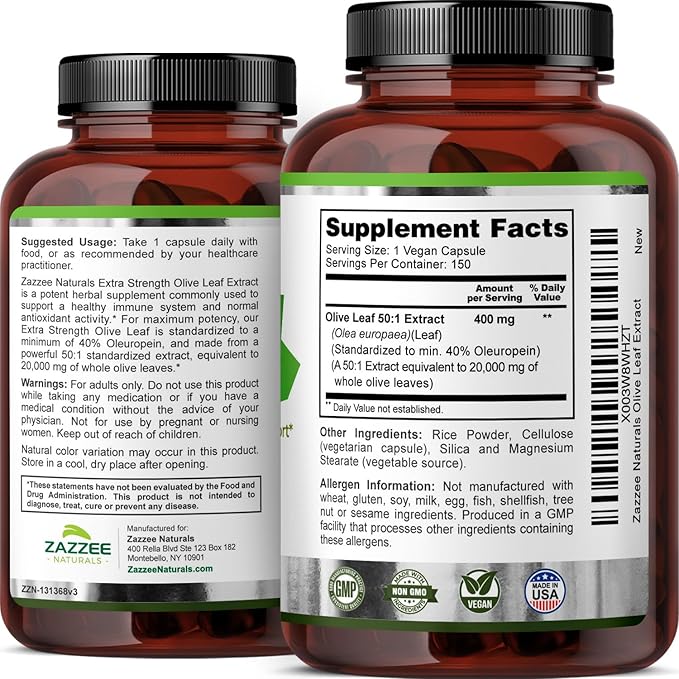 Zazzee Extra Strength Olive Leaf 50:1 Extract, 20,000 mg Strength, 40% Oleuropein, 150 Vegan Capsules, 5 Month Supply, Concentrated and Standardized 50X Extract, 100% Vegetarian, Non-GMO, All-Natural